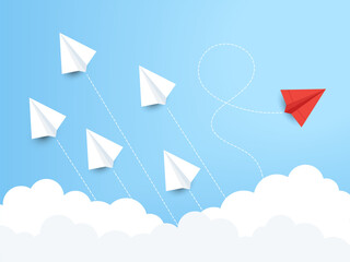 Paper plane business concept. Fly one individual, innovation and growth metaphor. Airplane change way, leadership path decent vector graphic