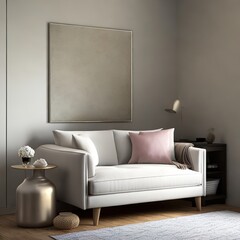 A living room with a white couch and a empty canvas above it Generative AI