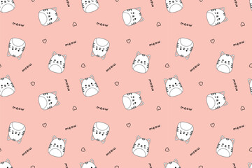 Pink seamless pattern with white kawaii kittens. Squishmallow. White kittens. Kawaii, Vector
