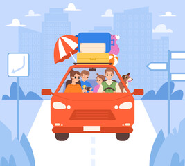 Family car trip, dad drive transport on road. Tourists ride with luggage on holidays or summer weekend. Adventures, fun journey snugly vector scene