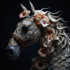Paper quilling art of a horse with some flowers