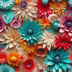Digital illustration of a seamless tile pattern, colorful paper flowers, vibrant palette, square orientation, generative AI
