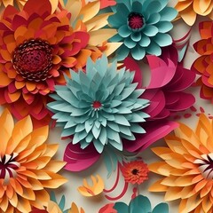 Digital illustration of a seamless tile pattern, colorful paper flowers, vibrant palette, square orientation, generative AI
