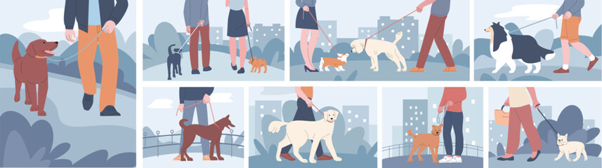 People walking with dogs in urban scenes. Owner with pets walk in city and on nature. Dog walker, outdoor time people and puppy, kicky vector concept