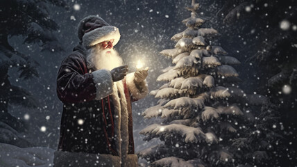 Fototapeta na wymiar Santa claus with gifts at the christmas tree in the night forest. Copyspace. Generative AI