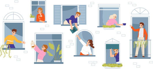 People sharing things concept. Neighborly help, friendly neighborhood or unity. Friendship neighbors, adults in snugly house windows vector scene