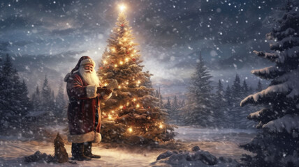Fototapeta na wymiar Santa claus with gifts at the christmas tree in the night forest. Copyspace. Generative AI