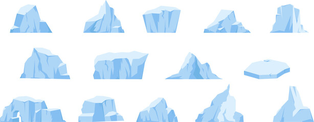Antarctic iceberg set, arctic snow icebergs. Floating glacier, north pole mountains and rocks. Ocean glacial melting, frozen nature snugly vector set