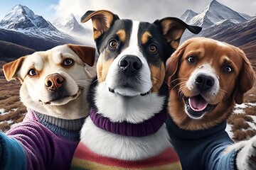Dogs Selfie Squad: Dogs Rocking Cat Sweaters with Snowy Mountain Backdrop. AI