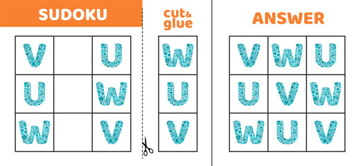 Easy sudoku with three blue letters U, V, W. Game puzzle for little kids. Cut and glue. Doodle