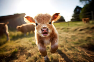 young calf portrait running to the camera