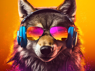 Music dj wolf with sunglasses and headphones - Colorful neon background - Generative AI
