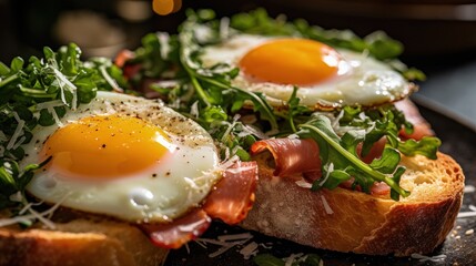 Fototapeta na wymiar Fried eggs sunny side up on french baguette, ham Illustration AI Generative.