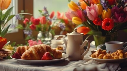 Beautiful breakfast, lunch with cup of coffee and fresh croissants, tulips Illustration AI Generative.