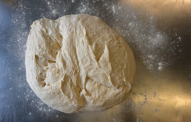Italian bread ciabatta dough on a metal table Top view