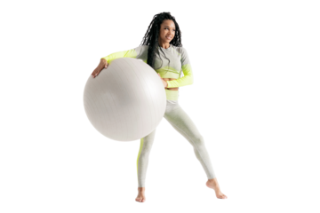 Fitness Ball Full height slim figure confident woman in a comfortable exercise suit , transparent background, png.