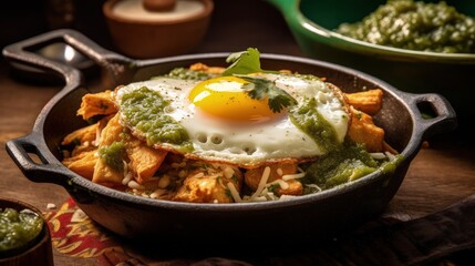 Mexican chilaquiles with fried egg, chicken and spicy green sauce Illustration AI Generative.