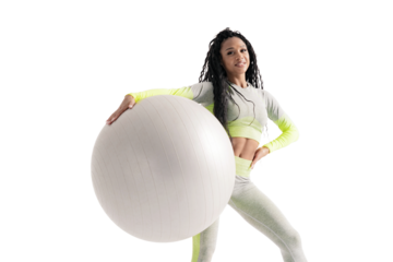Fitness Ball Full height slim figure confident woman in a comfortable exercise suit , transparent background, png.