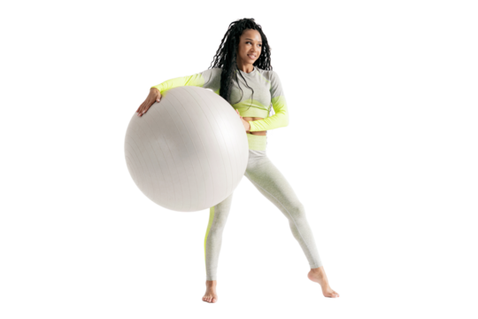 Fitness Ball Full height slim figure confident woman in a comfortable exercise suit , transparent background, png.