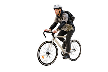 Cyclist courier guy fast food delivery to order, ecotransport, bag. Transparent background, png. - obrazy, fototapety, plakaty