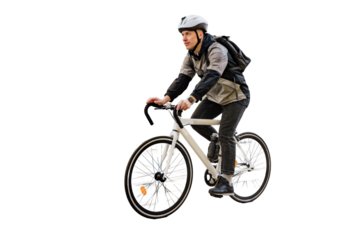 Cyclist courier guy fast food delivery to order, ecotransport, bag. Transparent background, png.