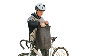 Cyclist guy opens a bag, ecotransport. Transparent background, png.