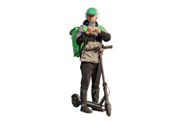 A male courier uses a scooter to deliver food to order, eco-transport, a thermos bag. Transparent background, png.