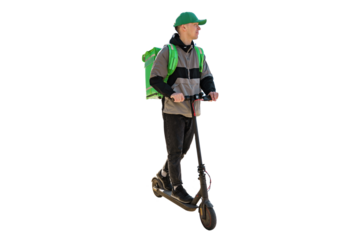 A male courier uses a scooter to deliver food to order, eco-transport, a thermos bag. Transparent background, png.