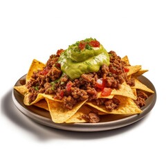 Corn chips nachos with fried minced meat and guacamole isolated Illustration AI Generative.