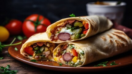 Breakfast tortilla wrap with omelet, beans and vegetables Illustration AI Generative