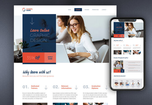 Website Design for Courses with Blue and Red Accents