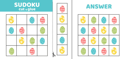 Easter sudoku with eggs. Game puzzle for kids. Cut and glue. Cartoon