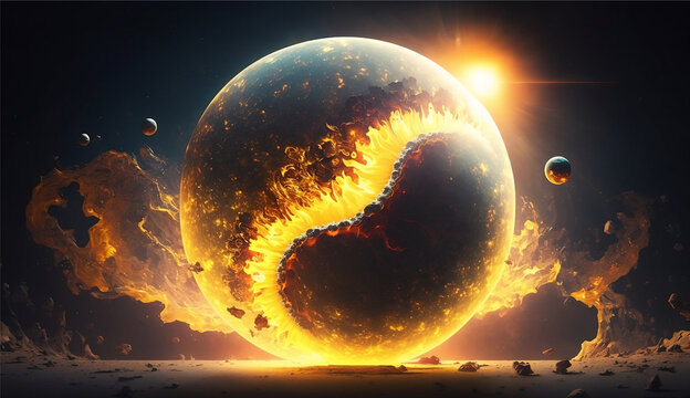 A fireball is burning on a planet burning world. Generative Ai