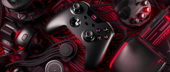 Different gaming devices. Gaming gear set. top view a gaming gear