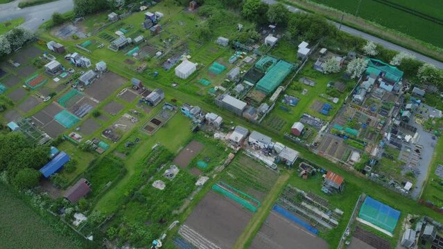 Allotment from above. Filmed with drone 50fps. East Yorkshire. 