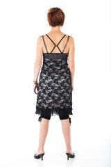 Beautiful adult caucasian woman with short streaked red hair in various poses, shot on a white background. Not Isolated, part of a series