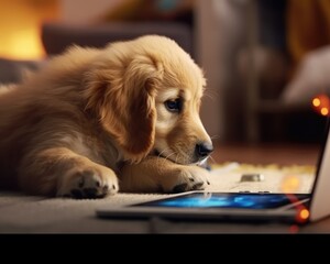 A golden retriever puppy plays with a tablet. (Generative AI)