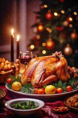 Fototapeta na wymiar Thanksgiving table served with turkey. Christmas Turkey with stuffing. Xmas dinner table with dishes, decorations, bokeh lights and candles backdrop. generative ai