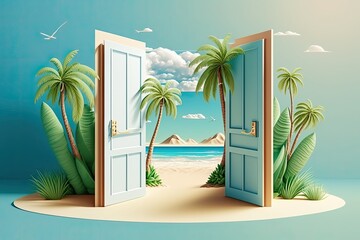 an inviting tropical beach scene seen through an open door. Generative AI