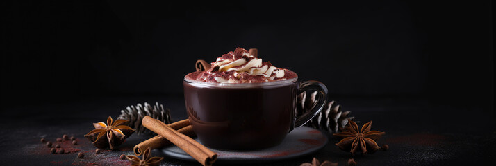 Hot Chocolate Cocoa Drink with Cream Foam in Mug with Cinnamon stick on Granite Black table. Beverage in Cup. Copy space Dark background. generative ai