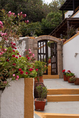 Fototapeta na wymiar street in the village ofgreek island kos nisyros kardamena gate door window flowers pink red house