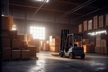 cargo delivery box distribution sun warehouse logistic transportation forklift storage. Generative AI.