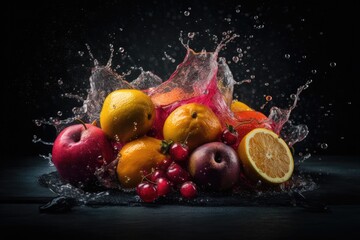 Fruit splash on black background, ai generative
