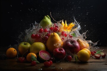 Fototapeta na wymiar Fruit splash on black background, ai generative 