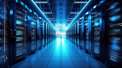 Fototapeta premium computer server room, Network and internet communication technology concept, data center interior, server racks with telecommunication equipment in server room. Generative AI