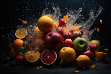 Obraz na płótnie Canvas Fruit splash on black background, ai generative 