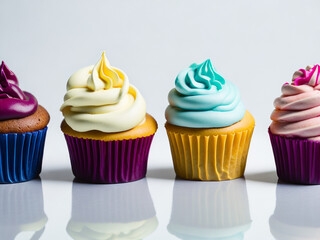 Tasty Colorful Cupcakes Arranged in a perfect Line against a Bright White Backdrop - Generative AI