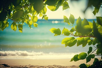 tropical beach framed by lush green tree leaves. Generative AI