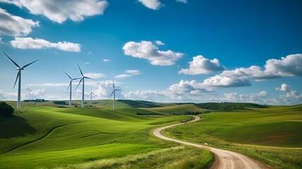 Fototapeta na wymiar Green field with windmills