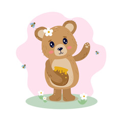 Cute bear character with honey pot, bees and flower,